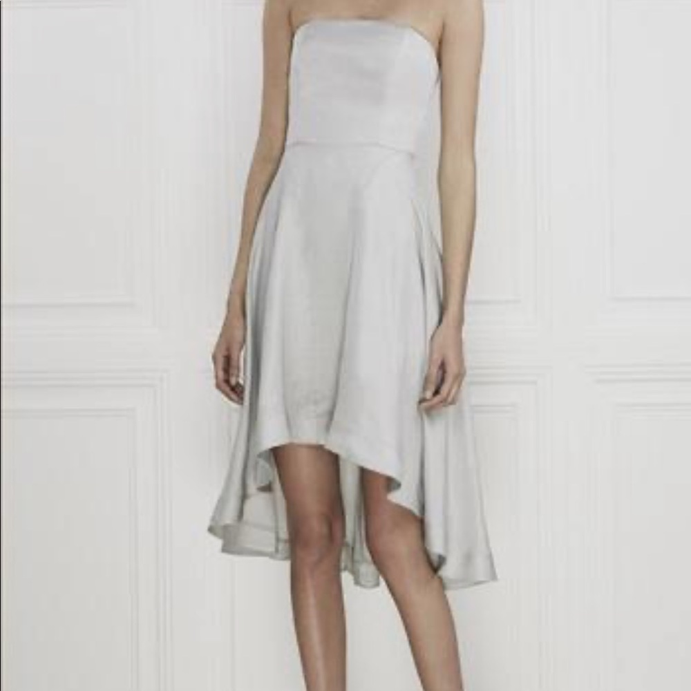 Keepsake silver gray strapless high low midi dress, size S